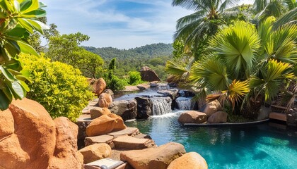 Wall Mural - scenic river pool winding through a lush tropical garden with natural rock formations and waterfalls tropical resort natural pool