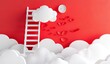 3D paper cut art style ladder leading to clouds in the style of simple background, white and red color palette.