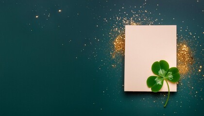 blank card template green four leaf clover and shamrock on green background gold splash for party invitation design