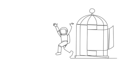 Wall Mural - Animated self drawing of single line drawing young astronaut who was free by a colleague from the trap of a cage. Teamwork metaphor. Growing business together. Full length single line animation