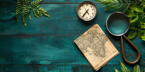 Wall Mural - A map is on a table with a compass and magnifying glass