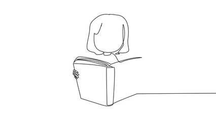 Poster - Animation of single continuous line drawing girl sitting reading a book on a stand. Enthusiasm that never goes away. Very happy when reading story books. Book festival concept. Full length motion