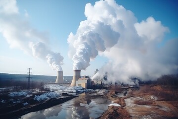 Massive cooling towers releasing steam in nuclear plant landscape.