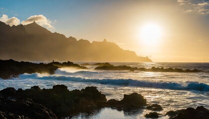 Wall Mural - a lone man in a hat observes the majestic force of waves colliding with rocky shores during a tranquil sunset tenerife spain