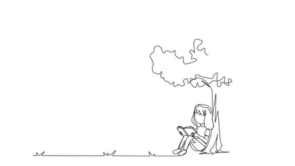 Wall Mural - Animation of single line drawing girl sitting reading a book under a shady tree. Continuing the second volume of the fiction storybook. Continuous line self drawing animated. Full length motion