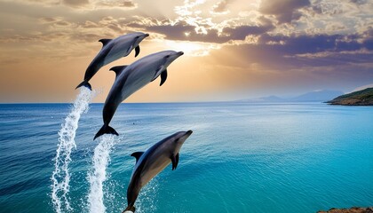 Wall Mural - vector blue sea and jumping dolphins