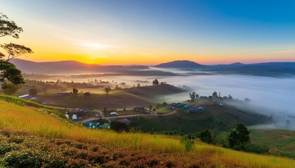 Wall Mural - the beautiful of the natural and the mist environment during sunrise and sunset at khao takhian ngo view point khao kho district phetchabun province in thailand