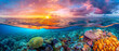 Vibrant sunrise illuminates a colorful coral reef, casting a beautiful array of colors underwater.