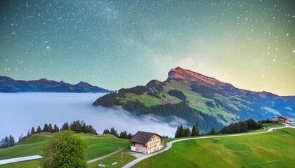 Wall Mural - swiss night sky with foggy mountain