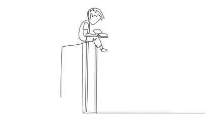 Canvas Print - Self drawing animation of continuous line drawing smart happy boy sitting on a big open book reading a book. Serious and focused learning increases insight. Book festival concept. Full length animated