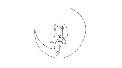 Sticker - Animated self drawing of continuous line drawing girl sitting on crescent moon reading book. Reading story before bed. Passionate about reading in any condition. Full length single line animation