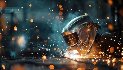 A helmet welding in sparks and light in a dark factory, a worker using a gas metal beam on an industrial machine for a construction industry background 