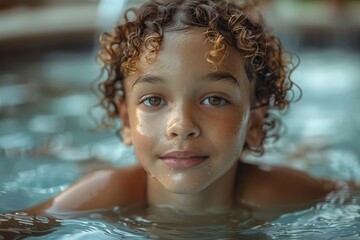 Photo of a smiling boy with curly hair in the pool, water droplets on skin