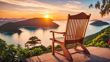 Wall Mural - wooden chair facing a tropical sunset with reflective sea serene holiday and nature concept design for travel poster wallpaper banner vibrant digital illustration with a relaxing atmosphere