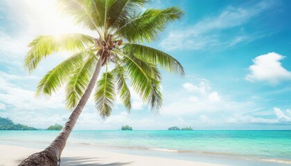 Wall Mural - beautiful palm tree on tropical island beach on background blue sky with white clouds and turquoise ocean on sunny day perfect natural landscape for summer vacation