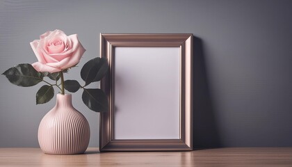 Wall Mural - beautiful pink rose in vase with empty frame mock up background ai generated image