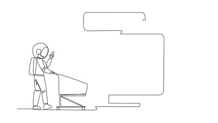 Wall Mural - Animation of one line drawing of continuous one line drawing astronaut walking carry trolley while typing on a smartphone towards large monitor screen. Online shopping. Rate 5 star. Full length motion