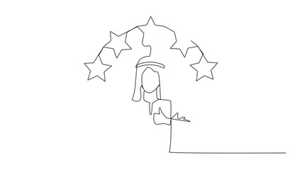 Wall Mural - Animation of one line drawing of single one line drawing Arabian man giving two thumbs up, above head there are 5 stars forming semicircle. Exciting online shopping experience. Full length motion