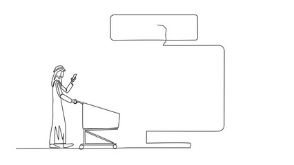 Poster - Animation of one line drawing of single continuous line drawing happy Arabian man walking carry a trolley while typing on a smartphone towards a large monitor screen.  Rate 5 star. Full length motion