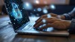© DWN Media - Person is typing on a laptop with a digital padlock symbol on the screen, against an office desk background, representing the concept of data security and cyber network protection.