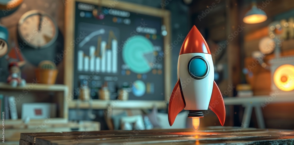 Rocket ship toy with data charts and graphs in the background ...