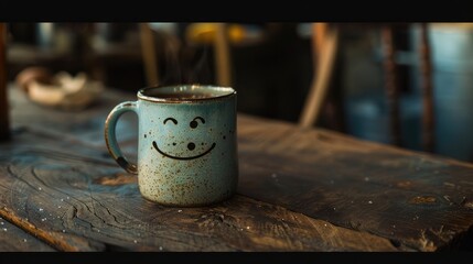 Wall Mural - A Smiling Mug on Rustic Table