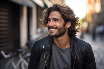 A man with long hair is smiling and wearing a leather jacket