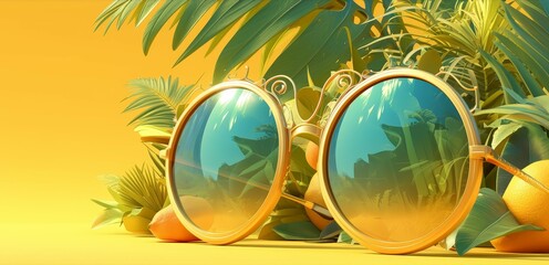 illustration of sunglasses with tropical leaves on a yellow and green background, banner template for a summer vacation concept