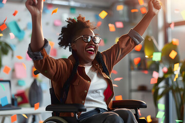 Wall Mural - Happy disabled black woman in a wheelchair winning. African american colleague with disability celebrating job success, promotion, new hire. Celebrating differences in a dei inclusive workplace