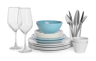 Poster - Set of beautiful ceramic dishware, glasses and cutlery isolated on white