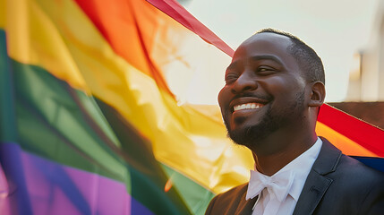 Wall Mural - Happy african american black businessman waving a rainbow flag during pride month. Inclusive 