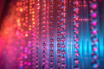 A striking image showcasing a curtain of crystal beads with a brilliant array of red and yellow bokeh lights creating a festive atmosphere