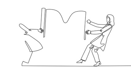 Wall Mural - Animated self drawing of one line drawing two angry Arabian businesswoman fighting over hourglass. Ask each other for additional time to send the company profile. Full length single line animation