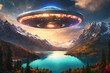 Alien flying saucer over highlands lake. UFO concept. Painted picture.