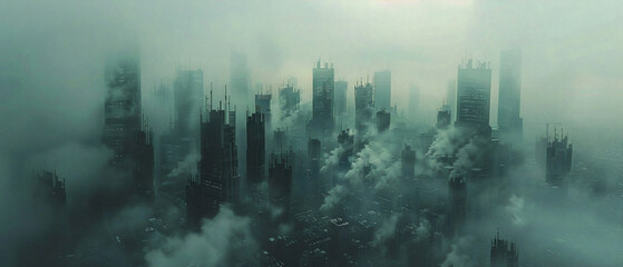 gloomy cityscape with massive skyscrapers looming overhead under a dark and ominous sky.