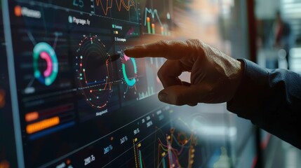 Businessman touching a digital screen with financial data and a graph of the stock market at an office, in a close up view, detailed photo.