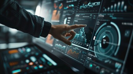 Businessman touching a digital screen with financial data and a graph of the stock market at an office, in a close up view, detailed photo.
