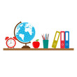Illustration of a globe and school supplies on a white background.