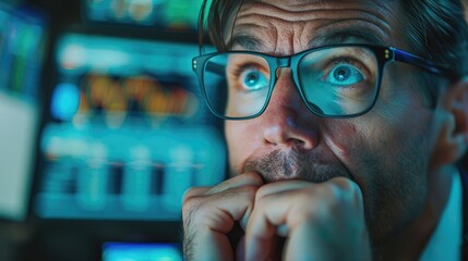 Wall Mural - An experienced stock market trader reacts intensely to a key trade. His face reflects a mix of concentration, anticipation, and mild amazement as he watches his computer screen.