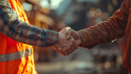 Close up of two men shaking hands in the background of an industrial warehouse.