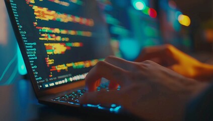 Closeup of hands typing on laptop keyboard, coding and web development concept.