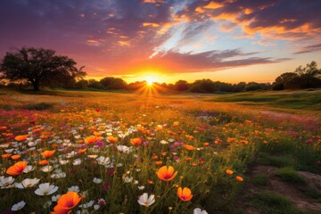 Wall Mural - Vibrant sunset over a colorful wildflower meadow