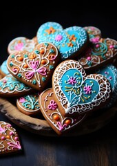 Wall Mural - Colorful heart-shaped gingerbread cookies with intricate floral designs