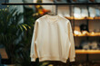 Mockup template. Blank ivory sweatshirt hanging on hanger on black horizontal rack in cozy clothing store