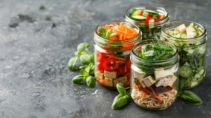 Wall Mural - Asian salad with noodles veggies chicken tofu in jars Grey background Blank space