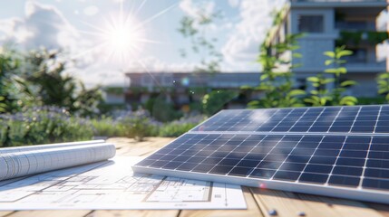 Solar panel and blueprints on the table, photovoltaic panels with a blurred focus background, landscape view of modern green sustainable energy power plants.