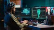 © DC Studio - Computer engineer using EEG headset, starting mind upload process using brain machine interface. Man using neuroscientific device to transfer consciousness into cyberspace, typing code, camera A