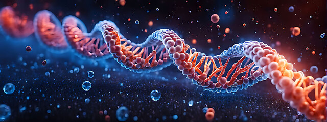 Wall Mural -  DNA gene background science helix cell genetic medical biotechnology biology bio. Technology gene DNA abstract molecule medicine blue 3D background research digital futuristic human concept health 