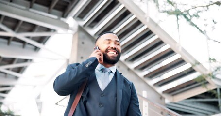 Sticker - Businessman, phone call and happy with conversation on stairs for business negotiation on investments or deals and sales. Man, smartphone and commute to corporate job with communication and outdoor.