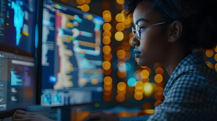Side profile of black female IT developer working on computer in dark office, created with Generative AI. African american cyber security analyst detecting artificial intelligence threats